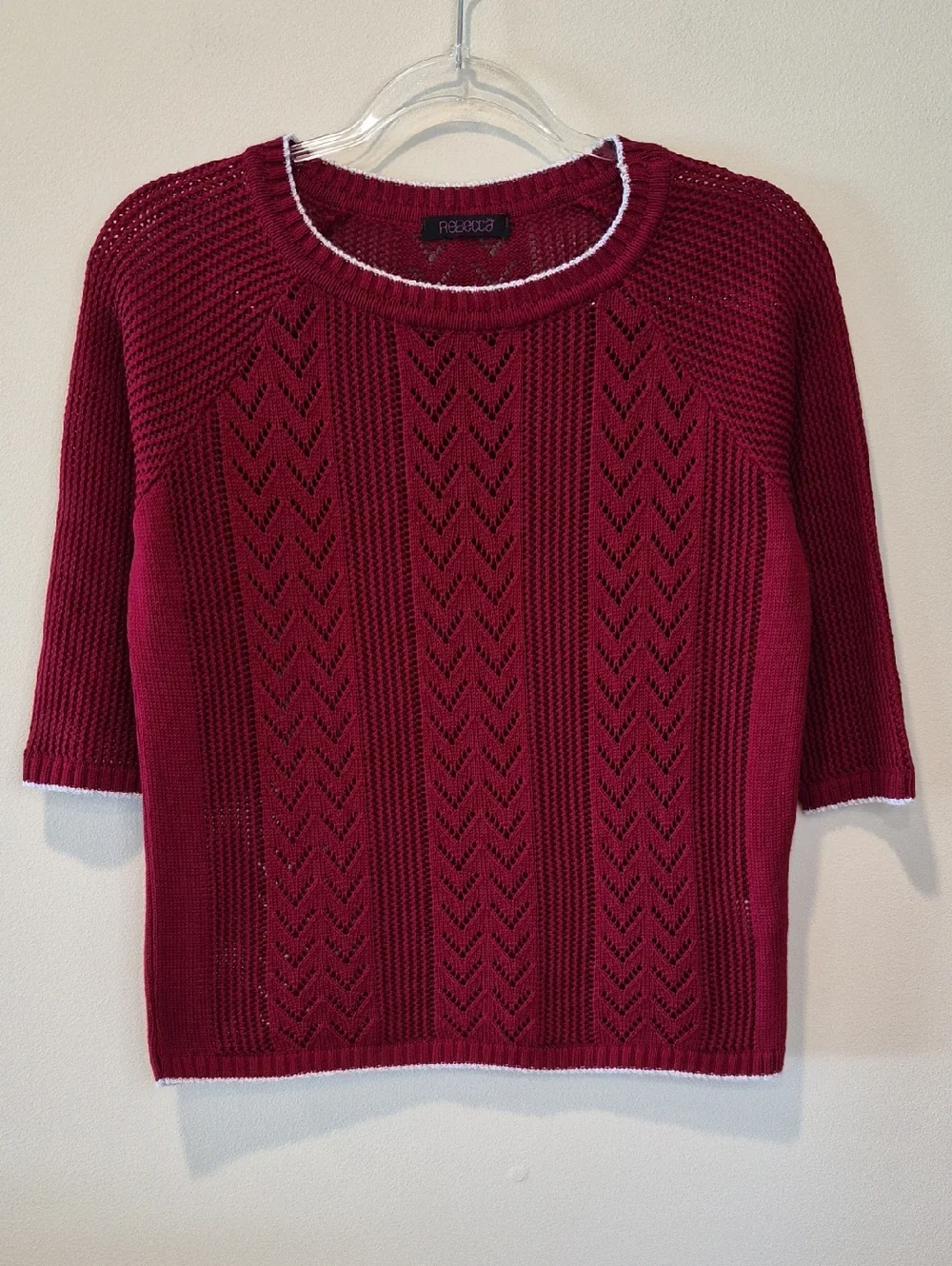 REBECCA Burgundy Open-Weave Scoop Neck Sweater with White Trim. M/L